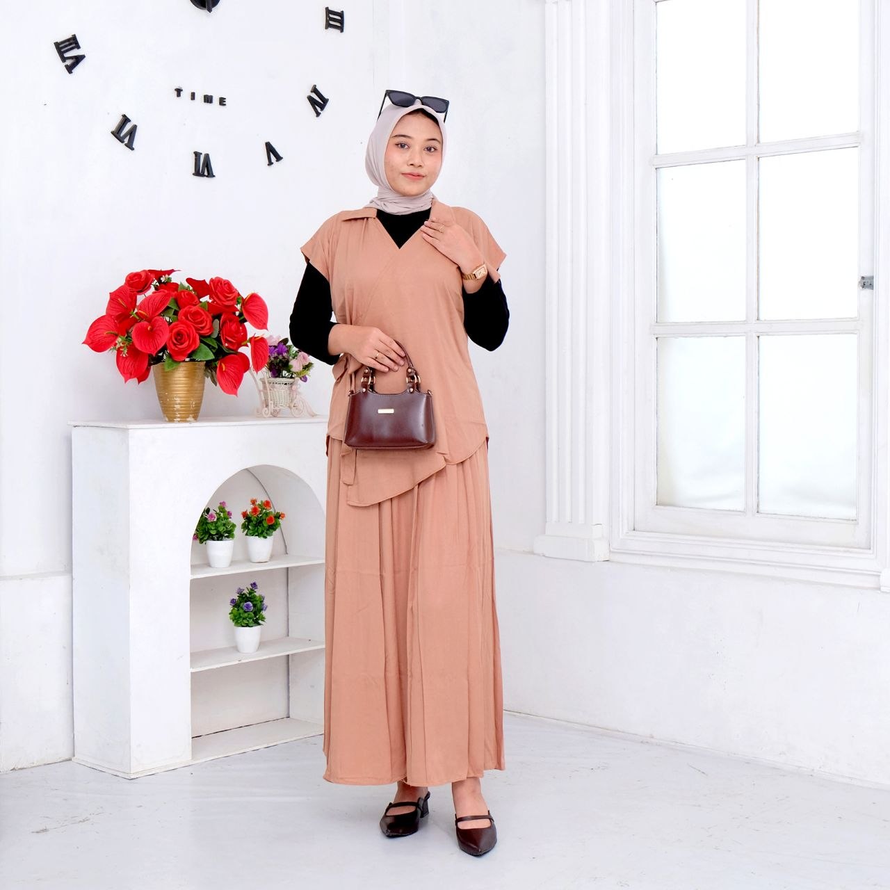 Set rok kimono rayon twill warna mocca
